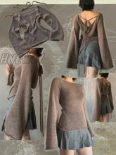 Hnewly Womens Y2K Vintage Retro Tie Back Sweaters Flare Long Sleeve Boat Neck Solid Color Knit